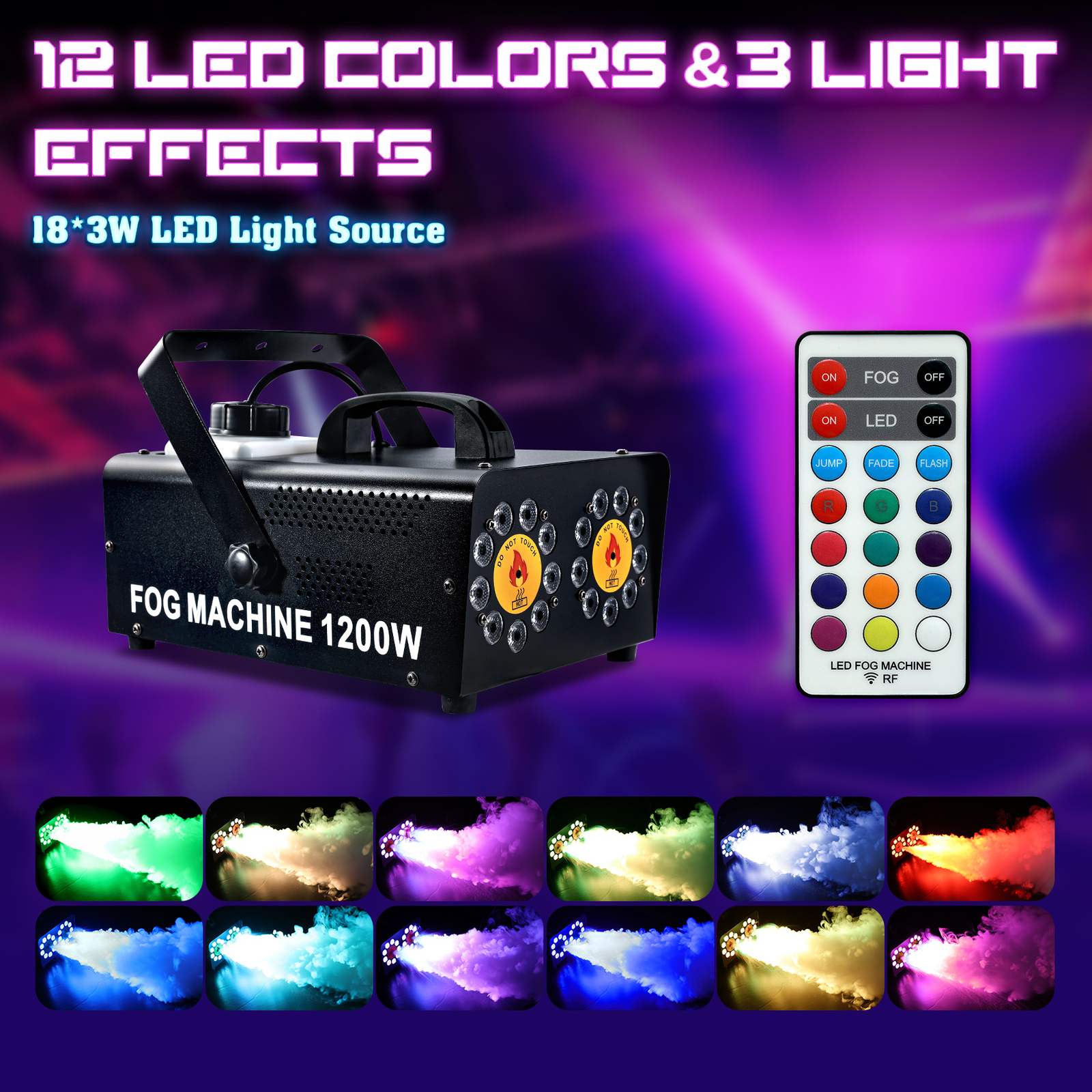 1200W Dual Spray Horizontal Fog Machine 18 RGB LED Stage DJ Light Smoke Machine
