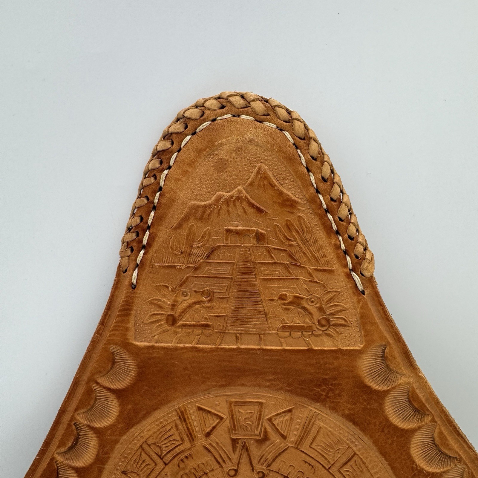 Vintage Hand Tooled Mexican Leather Aztec Calendar Tripod Saddle Stool Cover