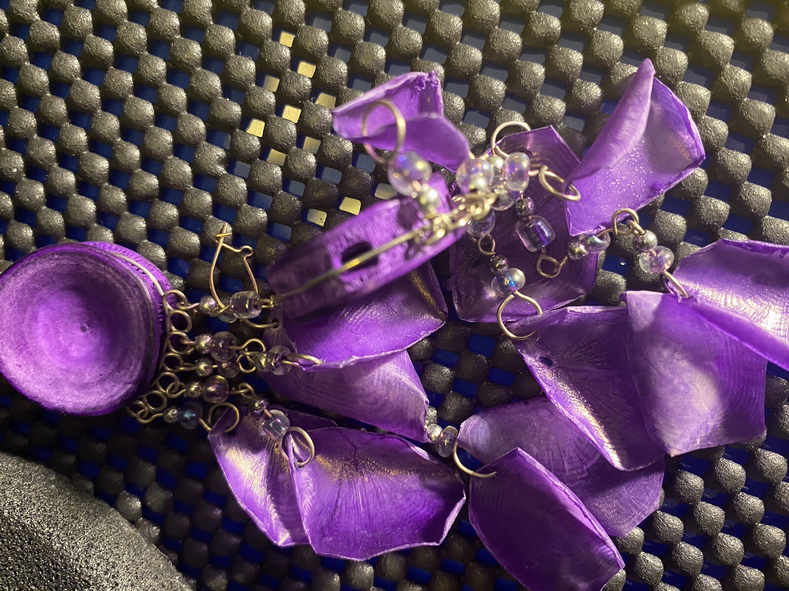 Artisan Purple Scales Leaf Shape On Round Sea Life Discs Dangle Beaded Earrings