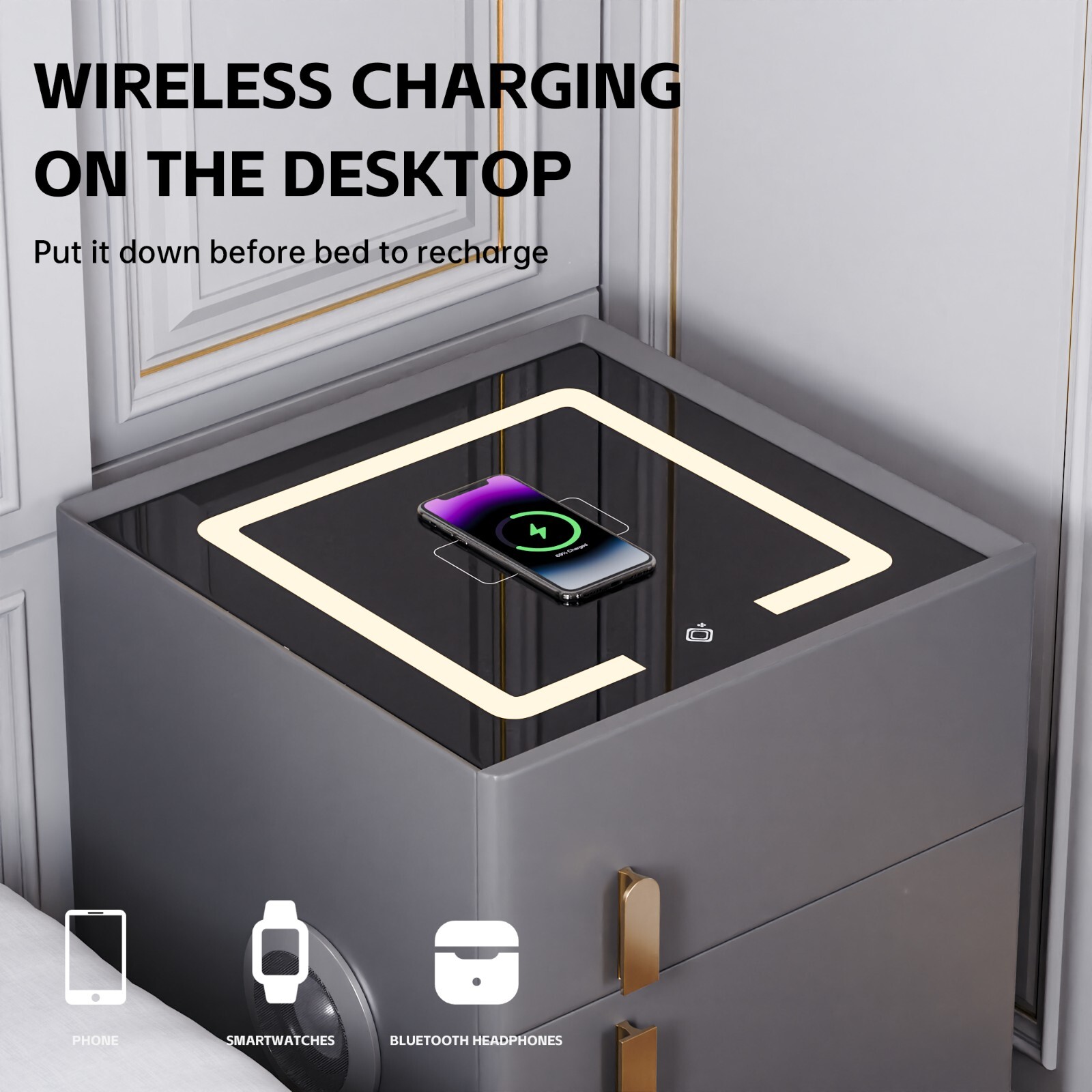 Dark Gray Double Drawer Smart Bedside Table with Safe + Wireless Charging