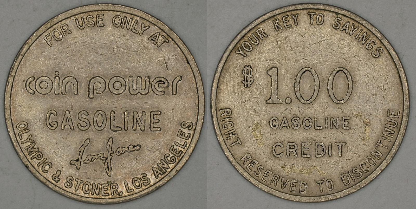 COIN POWER GASOLINE / TOM JONES  Los Angeles, California token