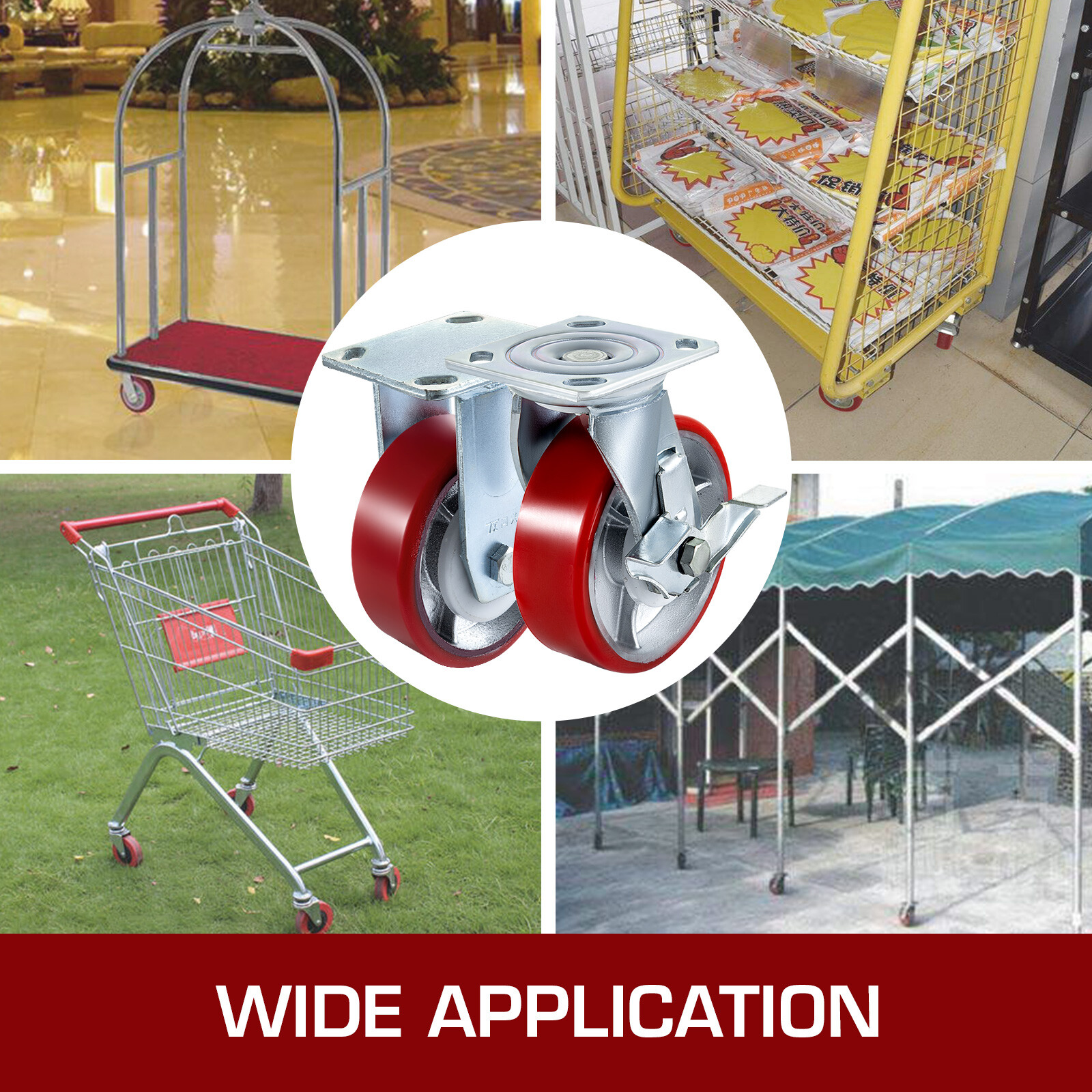 VEVOR 4PCS Heavy Duty Caster Set 6" Polyurethane on Cast Iron Wheels No Mark Red