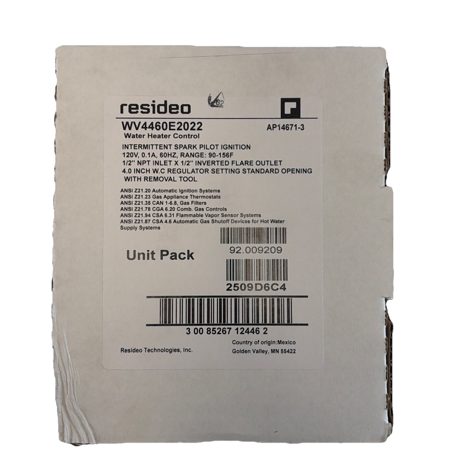 Resideo WV4460E2022 Water Heater Control Intermittent Spark Pilot Ignition