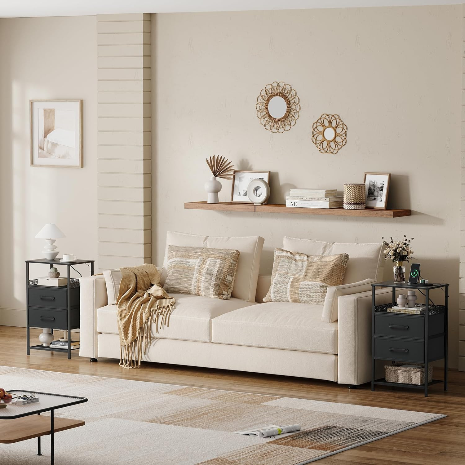 Nightstand Set of 2 with Charging Station, Night Stands with LED Lights, 26.4 In