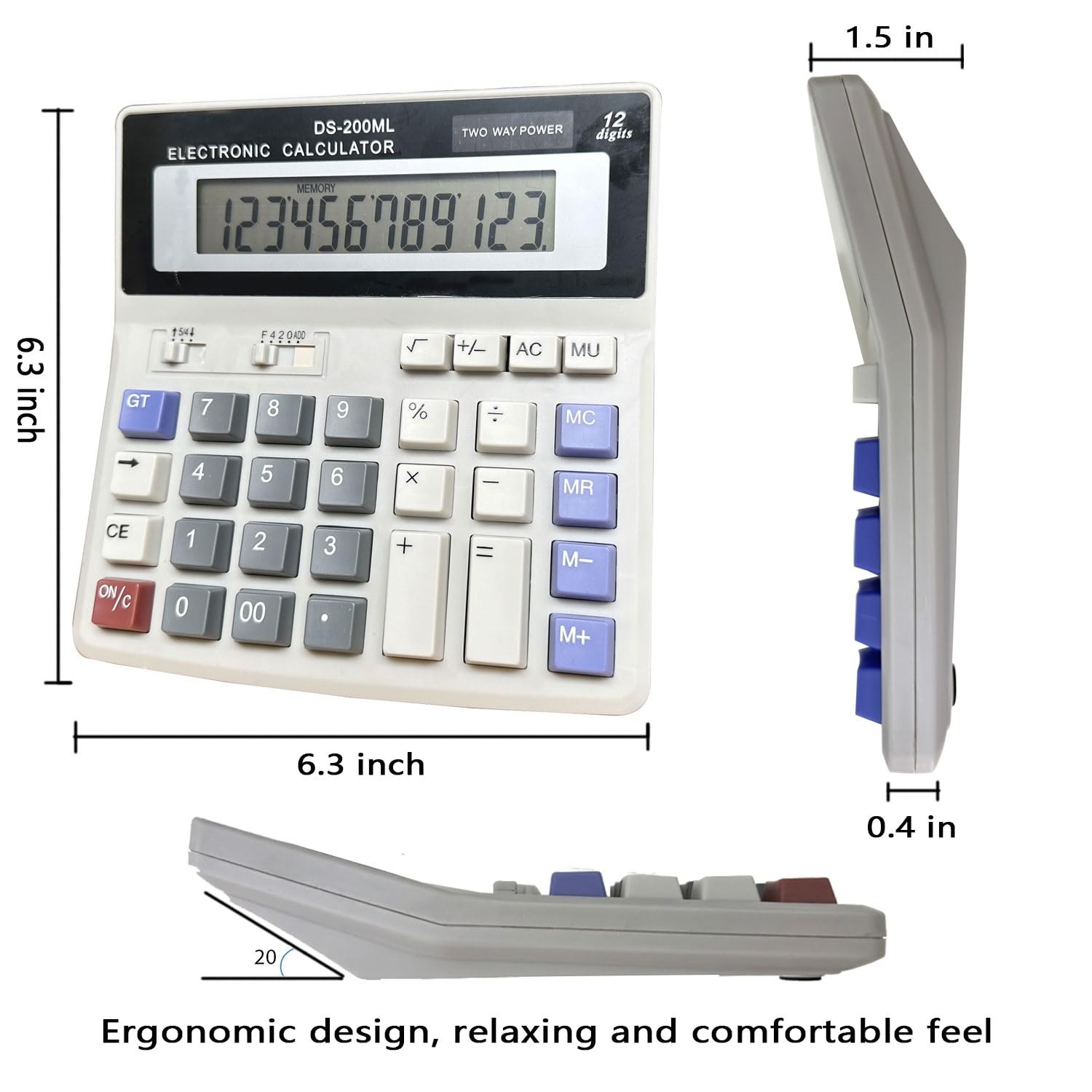 Desk Calculator Large 12 Digit Display, Dual Power Basic Calculator Desktop, Big