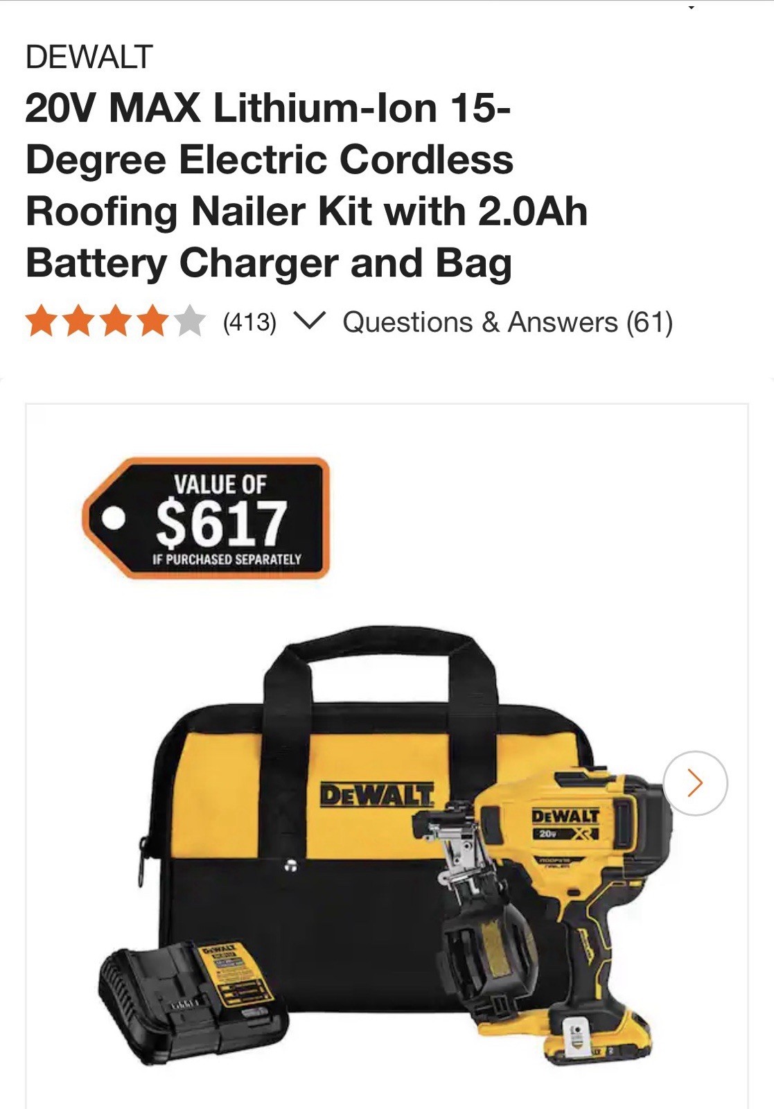 Dewalt (DCN45RND1) 20V MAX Lithium-Ion 15-Degree Cordless Roofing Nailer Kit