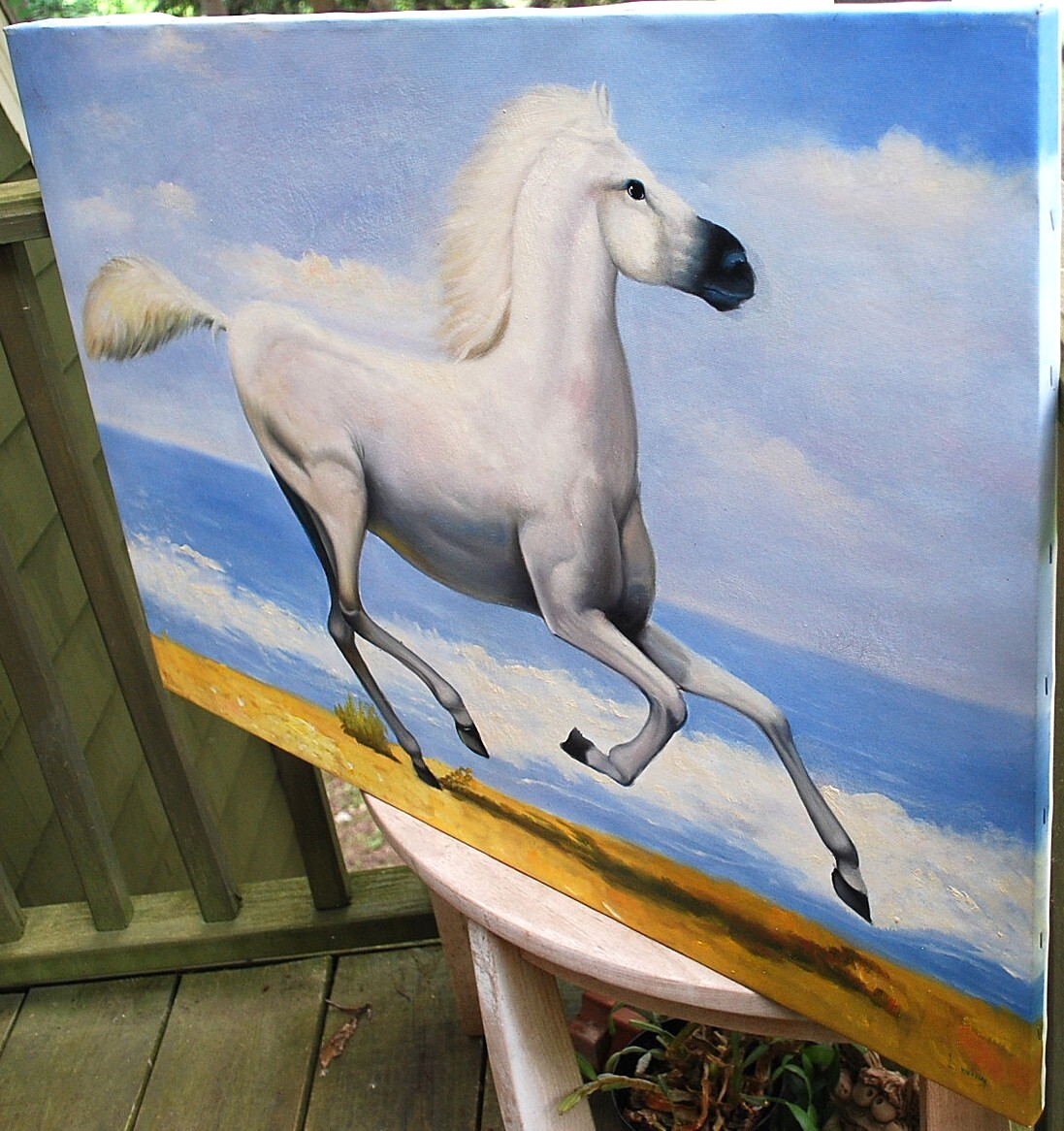 HORSE RUNNING ALONG OCEAN Original Art ACRYLIC PAINTING/CANVAS Signed 36" x 24"