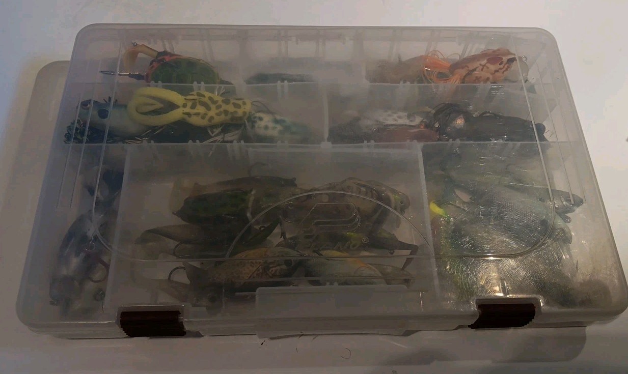 Lot of 43 Weedless & Rubber Lures Frogs, Turtle, Fish w/case