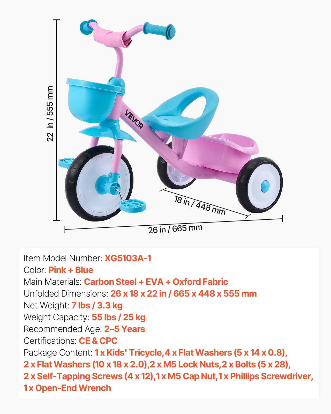 VEVOR Toddler Tricycle Kids Trike for 2-5 Year Old Girls/Boys Adjustable Seat