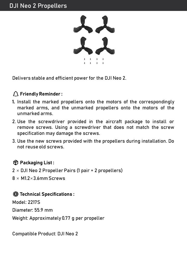 DJI Neo 2 Propeller Set - ​Quick Release Low Noise Blades Replacement Set