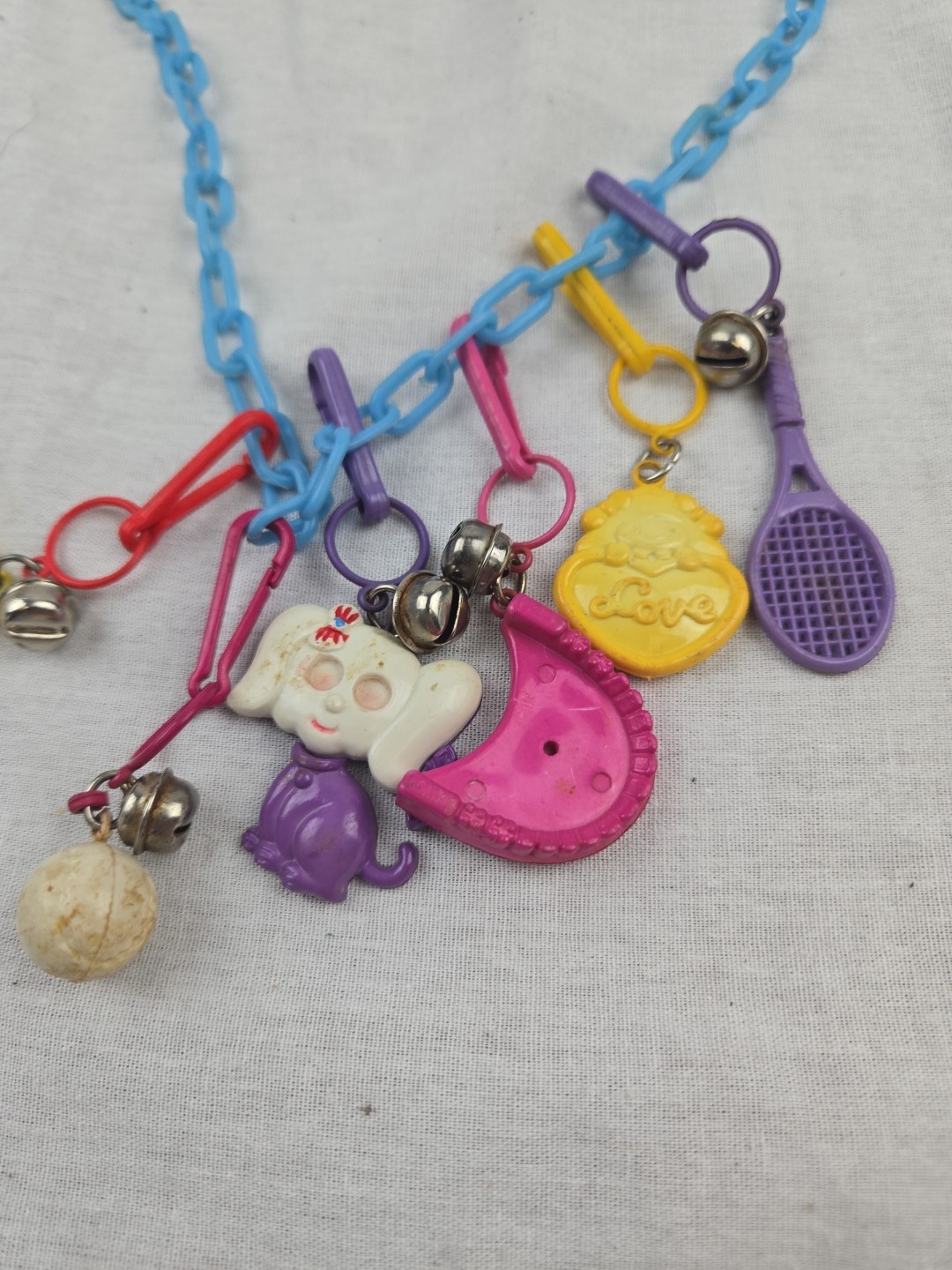 Vintage 80s Plastic Clip On Bell Charm Necklace 5 Charms