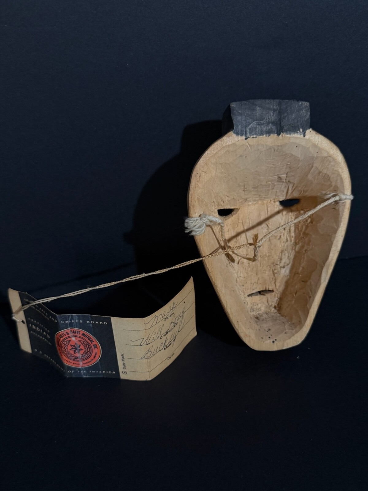 WILL LONG CHEROKEE BUCKEYE “WARRIOR” MASK, ORIGINAL QUALLA TAG, MINT!