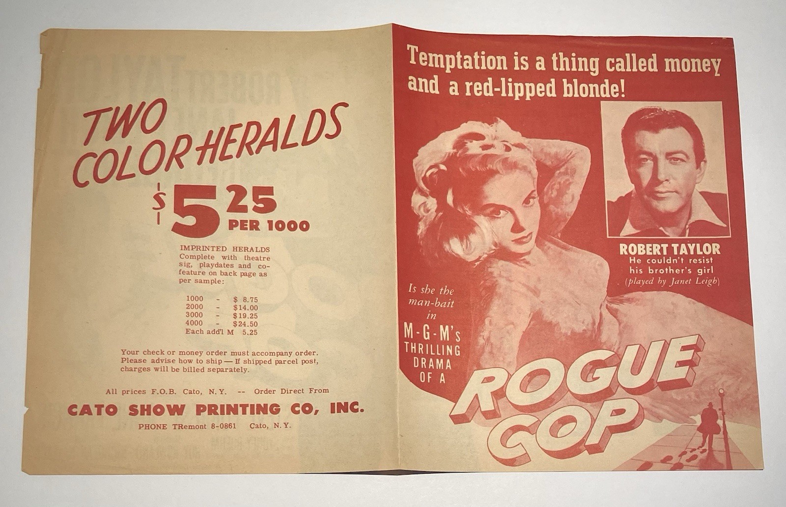 ROGUE COP - Vintage 1954 Film Noir ROBERT TAYLOR Movie Herald Flyer JANET LEIGH