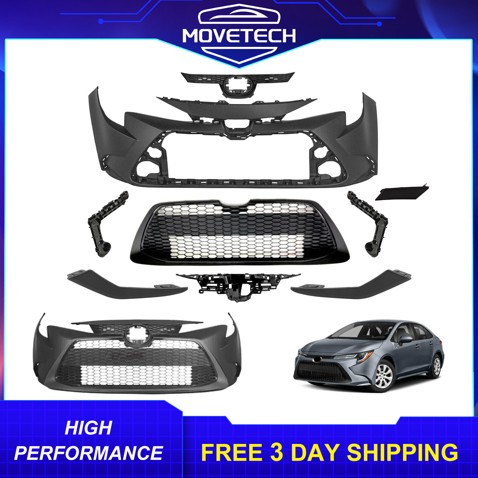 New Complete Front Bumper Cover & Grille Set Fits 2020-2022 Toyota Corolla LE
