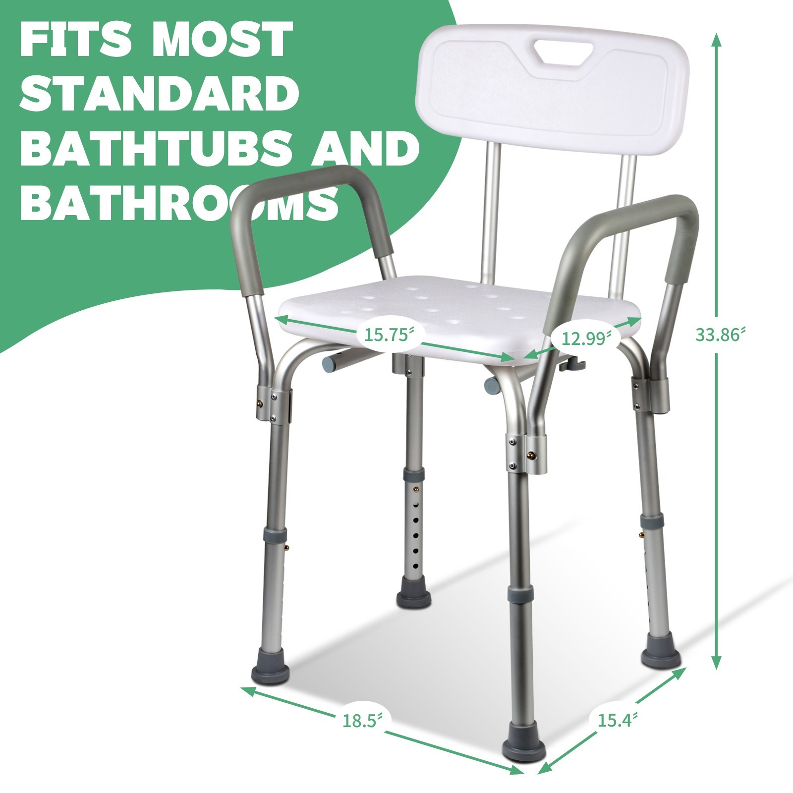 Adjustable Height 350lb Shower Chair with Arms & Back – Non-Slip Bath Stool