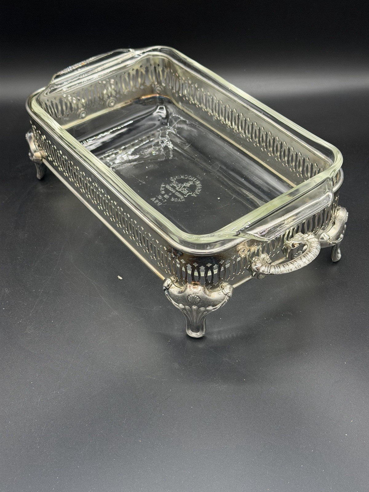 Vintage Silver plate Casserole Dish Handled Footed Stand with Fire King 432 Dish