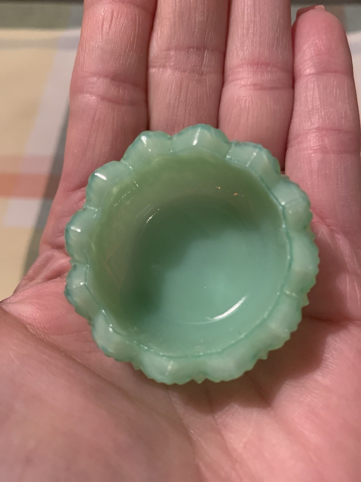 2/ JADITE Green ROUND SAWTOOTH GLASS OPEN SALT CELLAR, c1980's