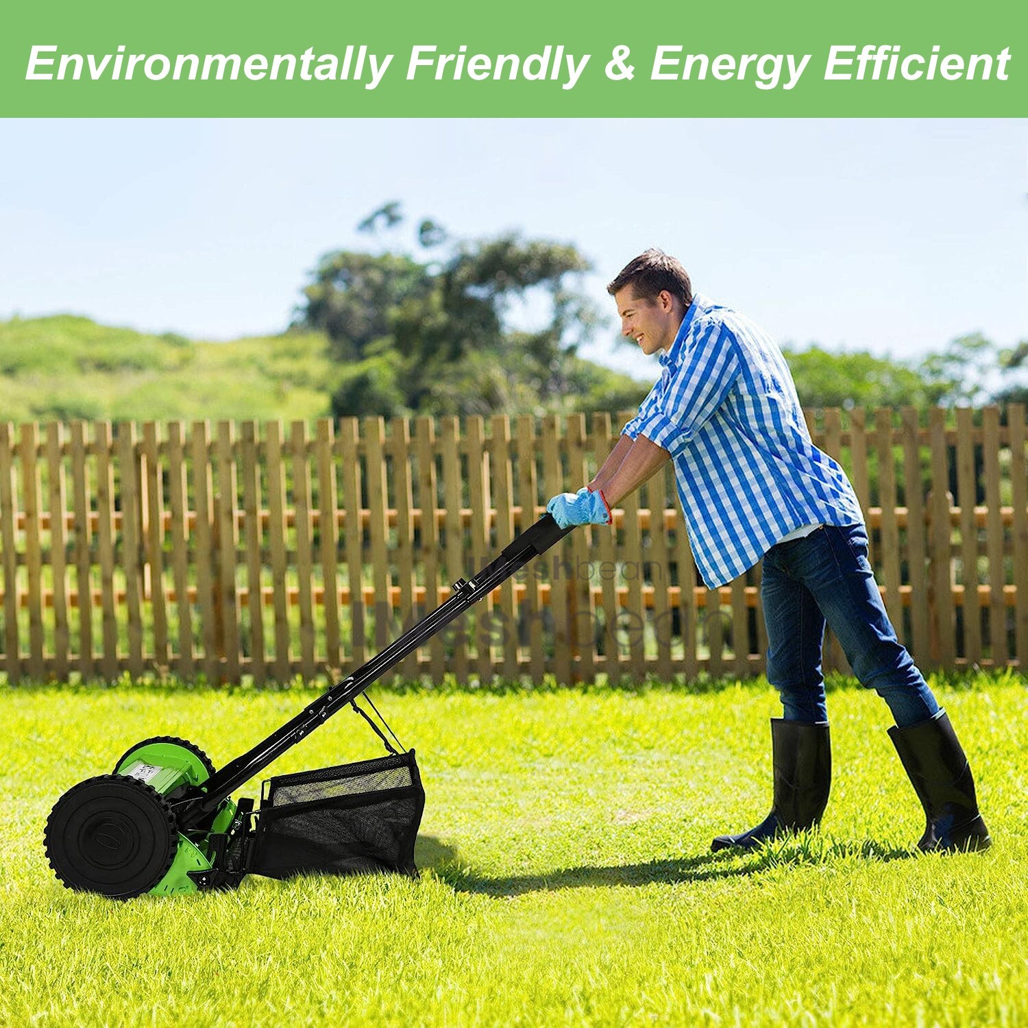 16-Inch 5-Blade Manual Reel Lawn Mower w/Adjustable Cutting and Handle Height