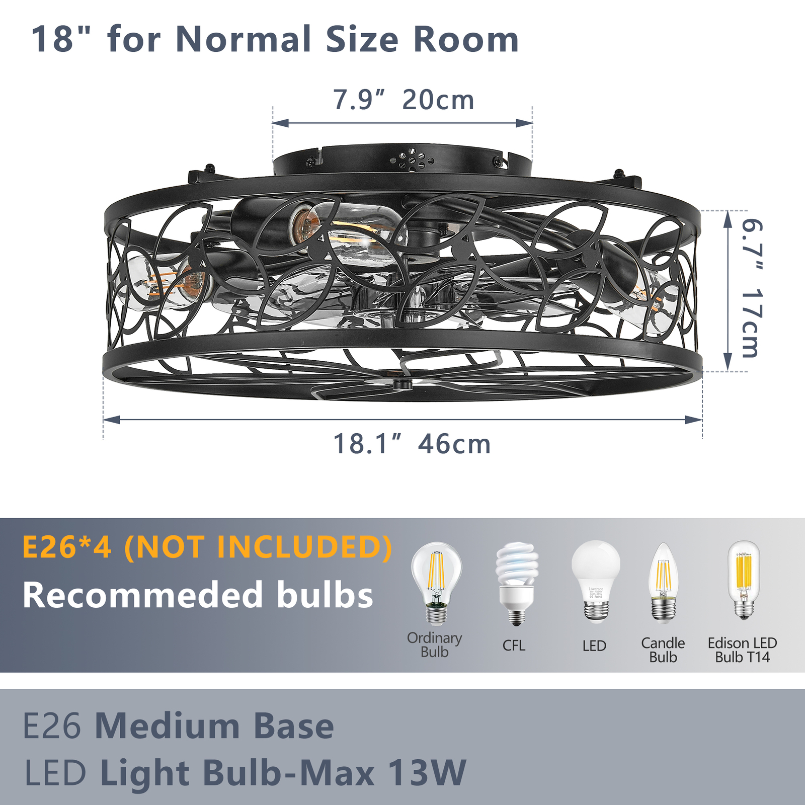 18" Black Caged Ceiling Fan Light Farmhouse Flush Mount with Remote Control kit