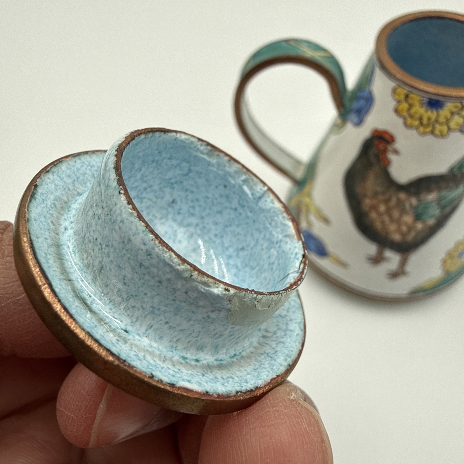 KELVIN CHEN Miniature Teapot 2000 Enameled Copper Rooster Chicken Florals #1852