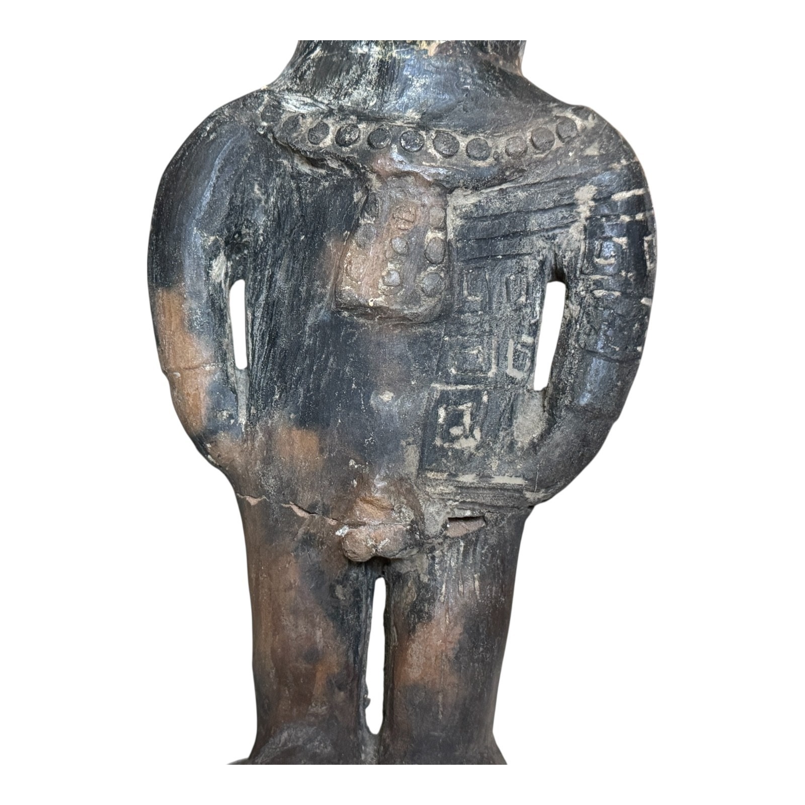 Antique Pre-Columbian West Mexico Blackware Pottery Standing Whistle Figure