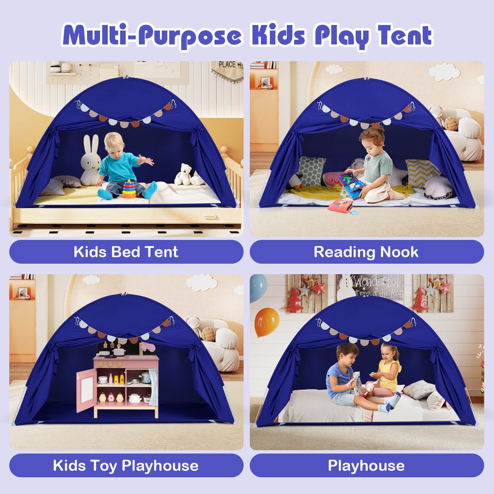 Twin Size Bed Tent w/2 Windows, Flags for Boys & Girls Aged 3+ Years Old