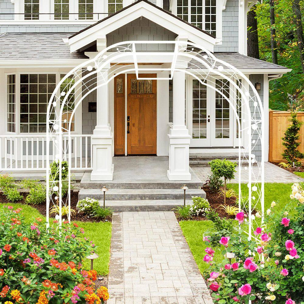 98.5 In. X 74.4 In. Cream White Metal Garden Arch-Outdoor Arbor Trellis for Clim