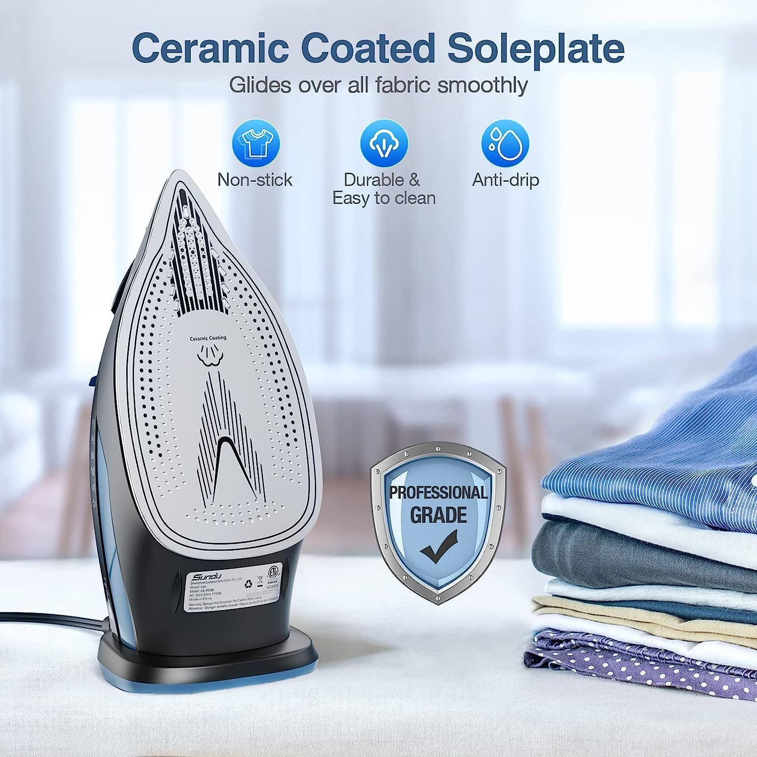 Sundu Steam Iron for Clothes with Rapid Heating Ceramic Coated Soleplate, 1700W