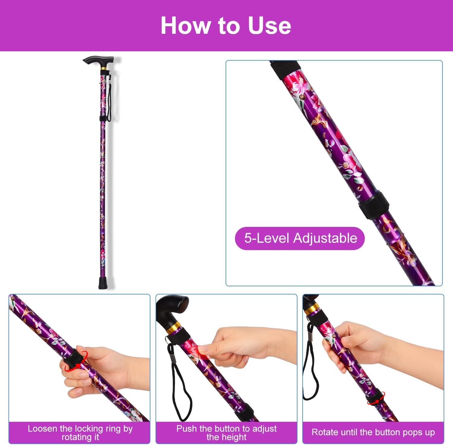 Walking Cane-Folding CaneAdjustable Colorful Walking Stick for Men & Women Black