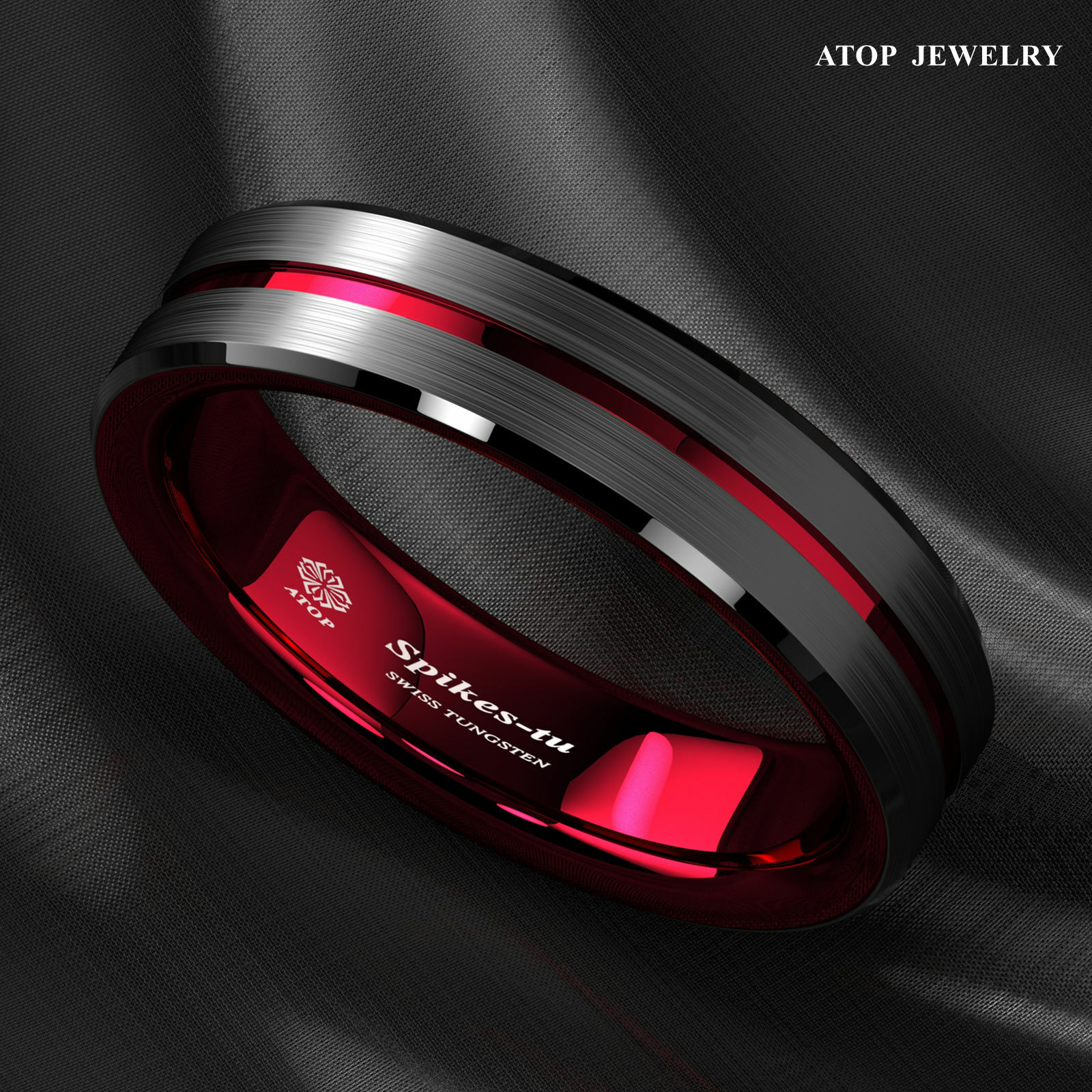 8/6mm Black Tungsten Carbide Thin Red Line Wedding Band Ring ATOP Men's Jewelry