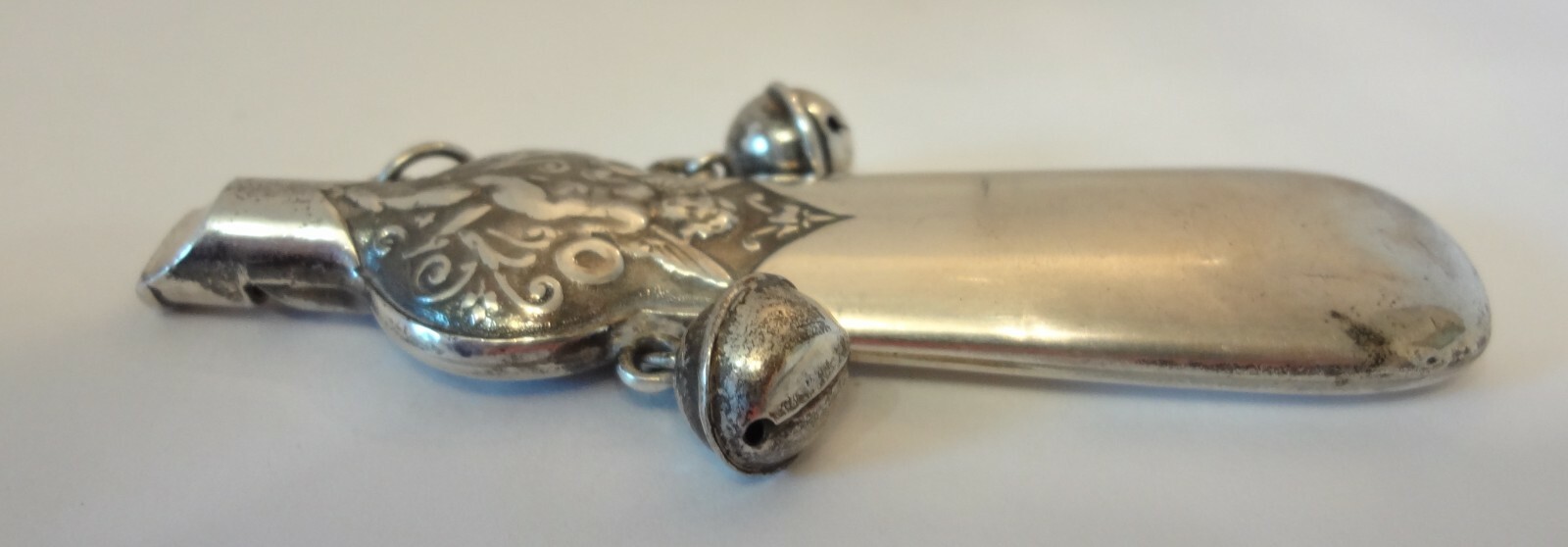 Antique Sterling Silver Baby Rattle Whistle w/ Bells Repousse Cherubs