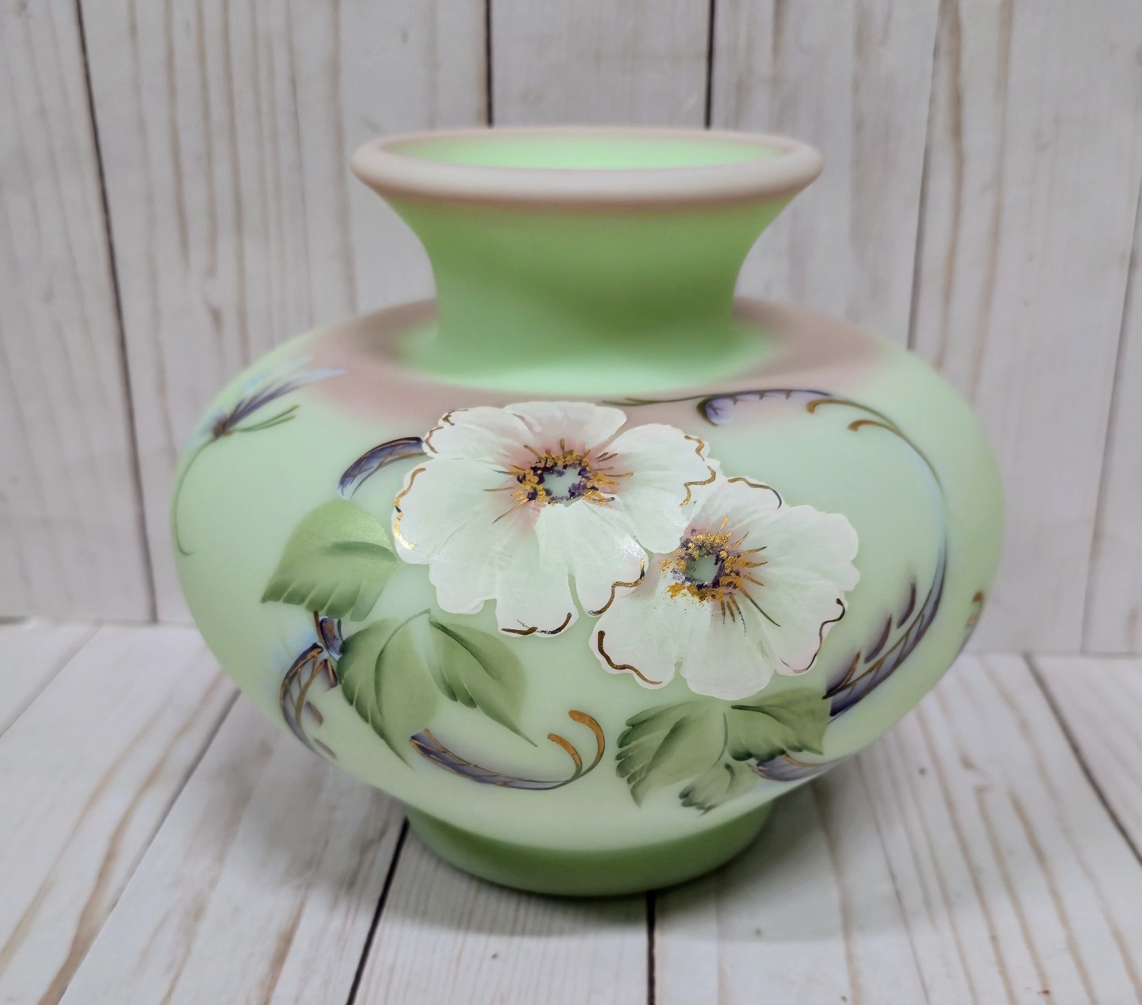 FENTON  J.K. Spindler Connoisseur Lotus Mist Hibiscus Vase Hand-Painted 320/1950