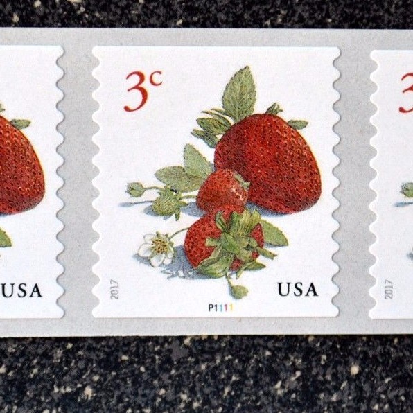 2017USA #5201 3c Strawberries - Plate Number Coil Strip of 5 - PNC Mint