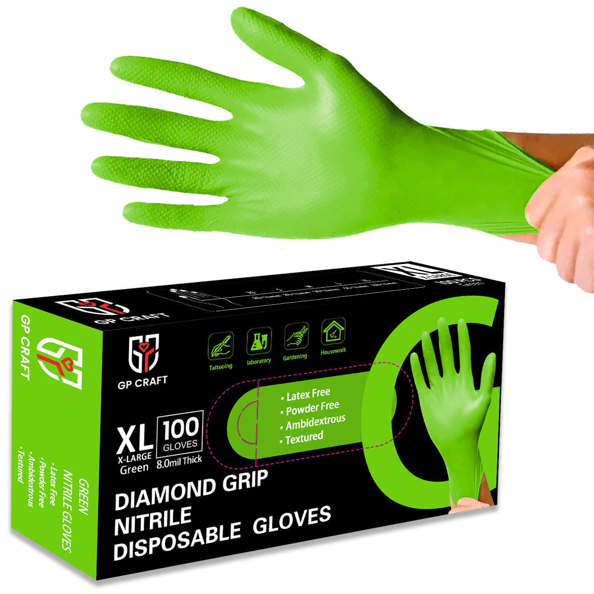 GP Craft Green Nitrile Gloves Disposable Latex-Free (100/count) 8 Mil Thick
