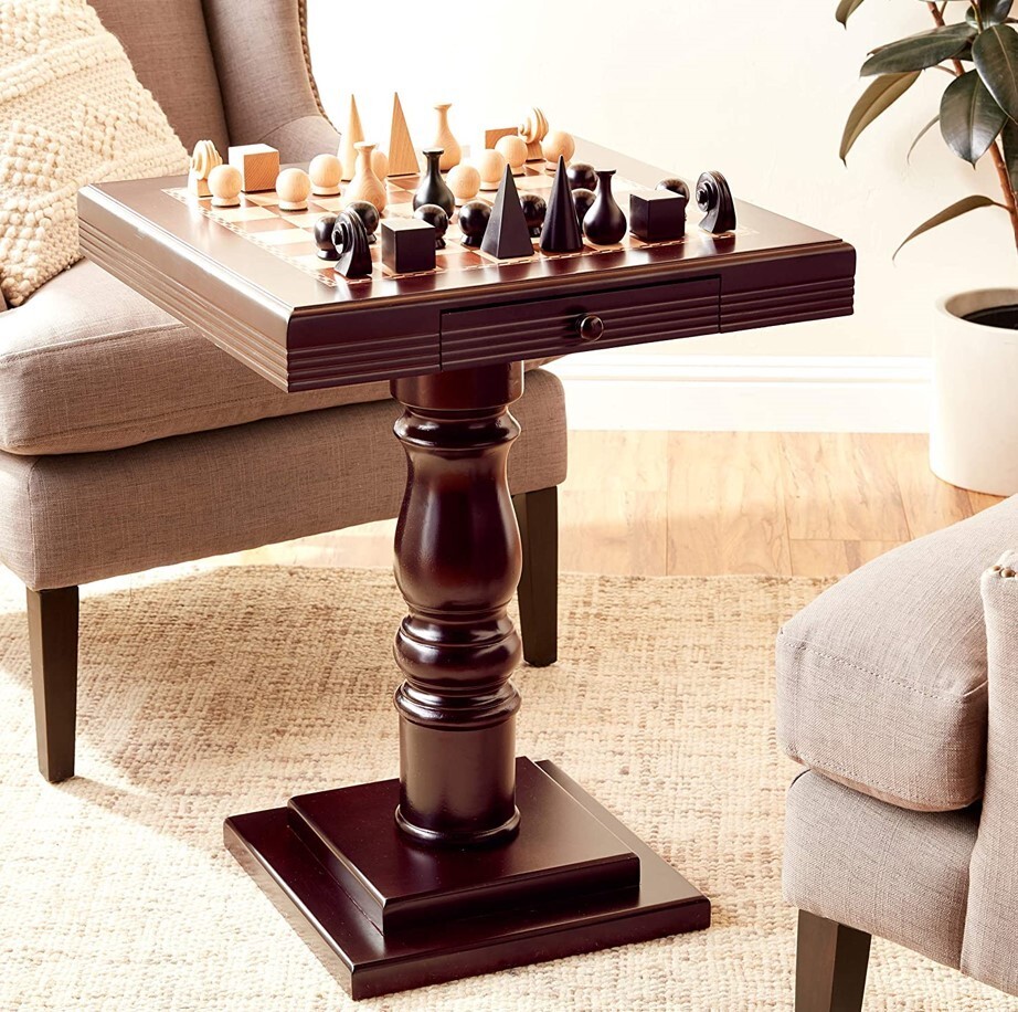 Solid Wood Pedestal Chess Game End Table Board Top Mahogany Finish Side Accent