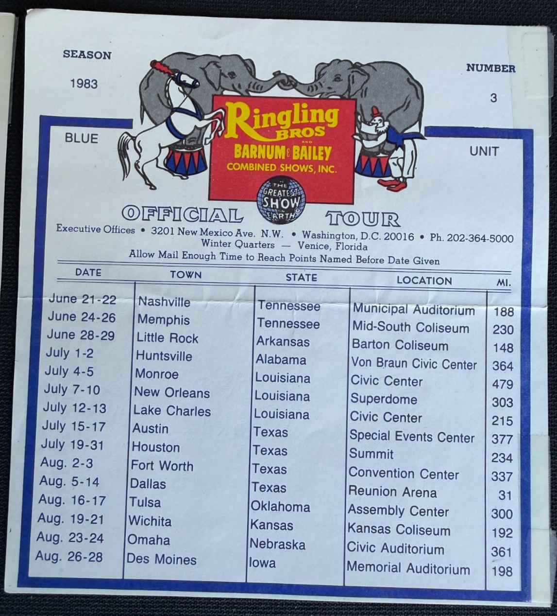 1983 Official Tour Advance Sheets Ringling Bros and Barnum & Bailey Circus