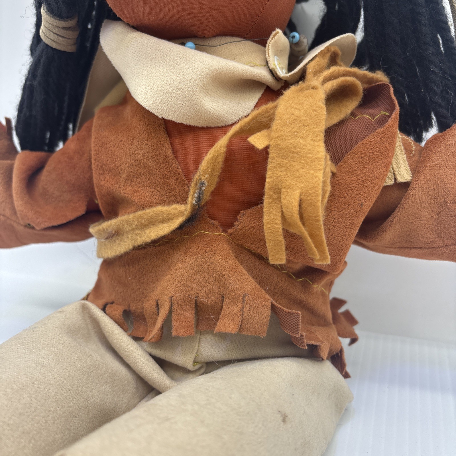 Native American Doll Yarn Hair Vintage Beads In Her Hair Female Doll {70}