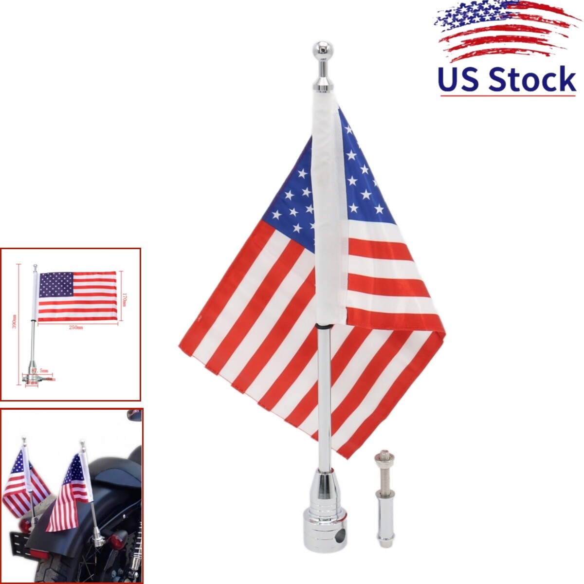 Chrome Motorcycle American USA Flag pole Luggage Rack Mount For Harley Touring