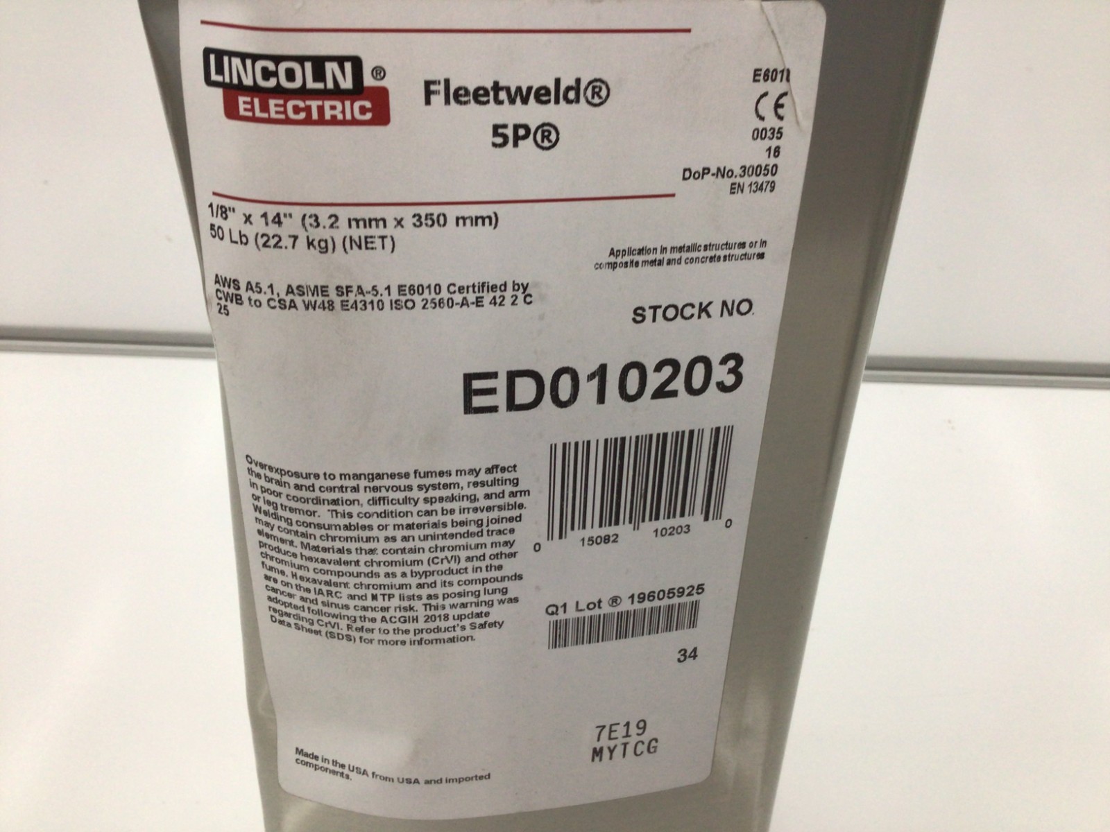 LINCOLN ELECTRIC ED010203 Stick Electrode,E6010,1/8",14 L,50 lb 49JR43