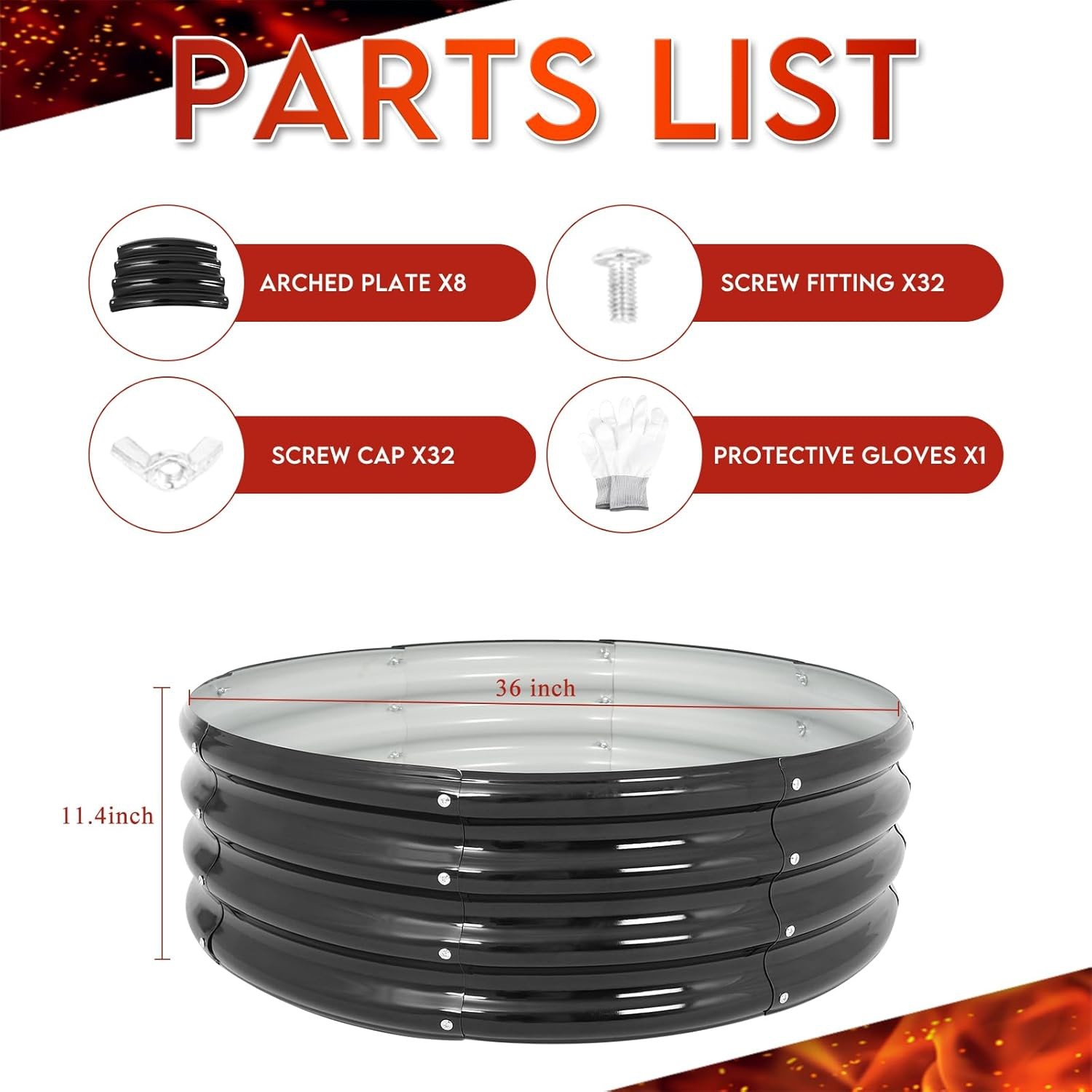 36" Round Galvanized Steel Fire Ring Pit for Backyard, Camping, Bonfire