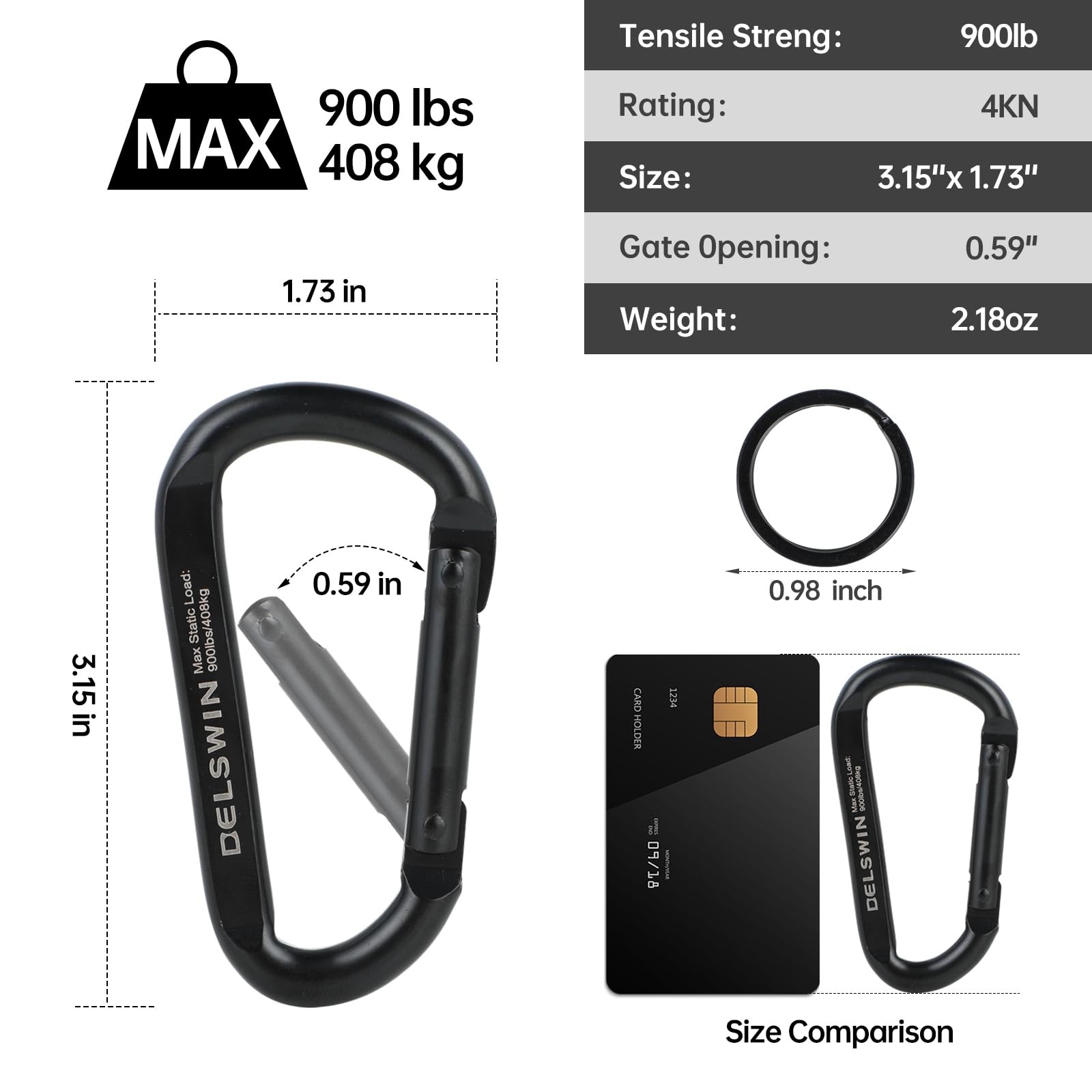 Heavy Duty Black Carabiner Clip - 900lbs 3" Steel Carabiners, Large D-Shaped ...