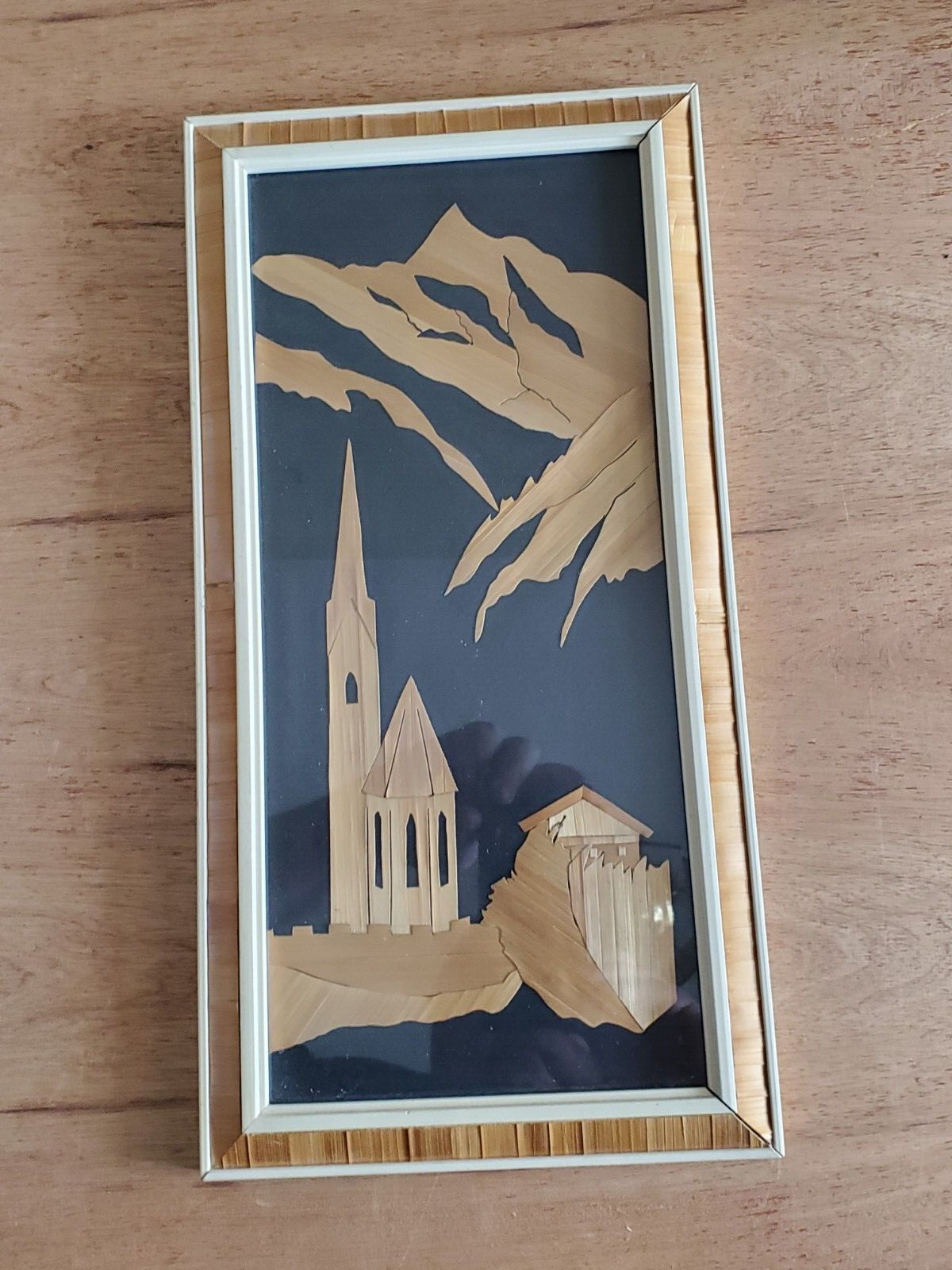 Mountain Scene Church Wall Art Hanging Decor Unsure Unusual Vintage Bamboo Inlay