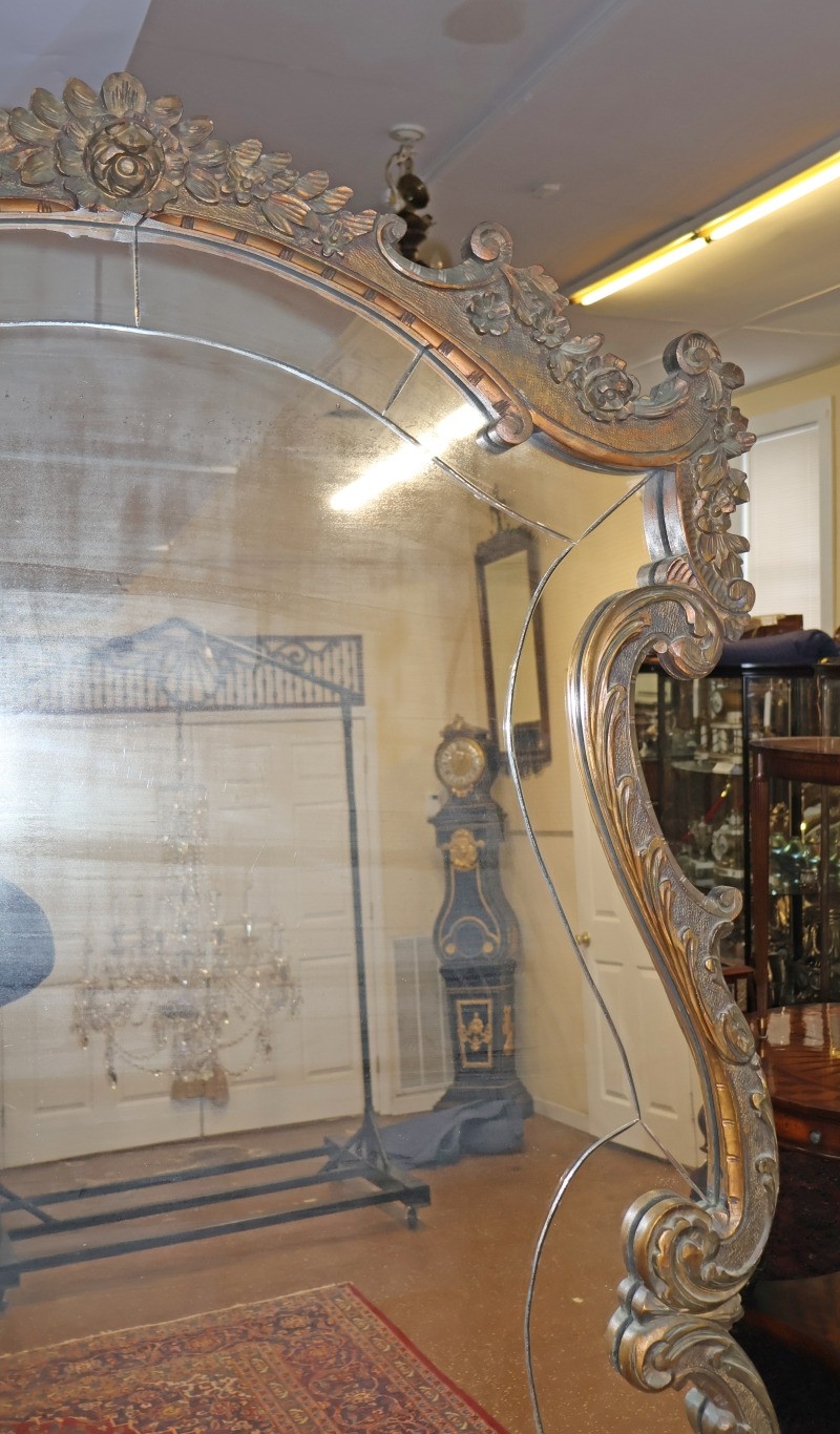 French Louis XV Style Inlaid Walnut Marble Top Etched Mirror Vanity Circa 1920's