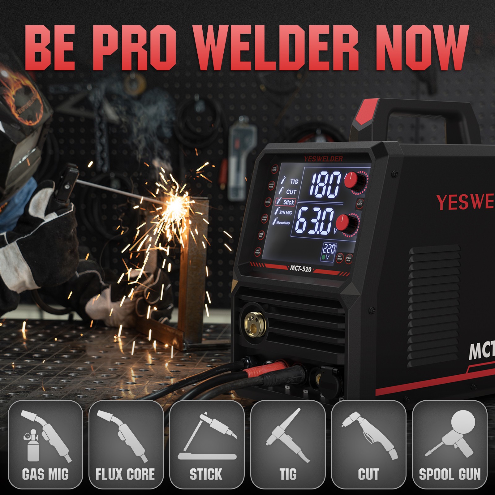 6-in-1 MIG Welder & Plasma Cutter, 200A MIG/TIG/Stick, 50A CUT, 110/220V