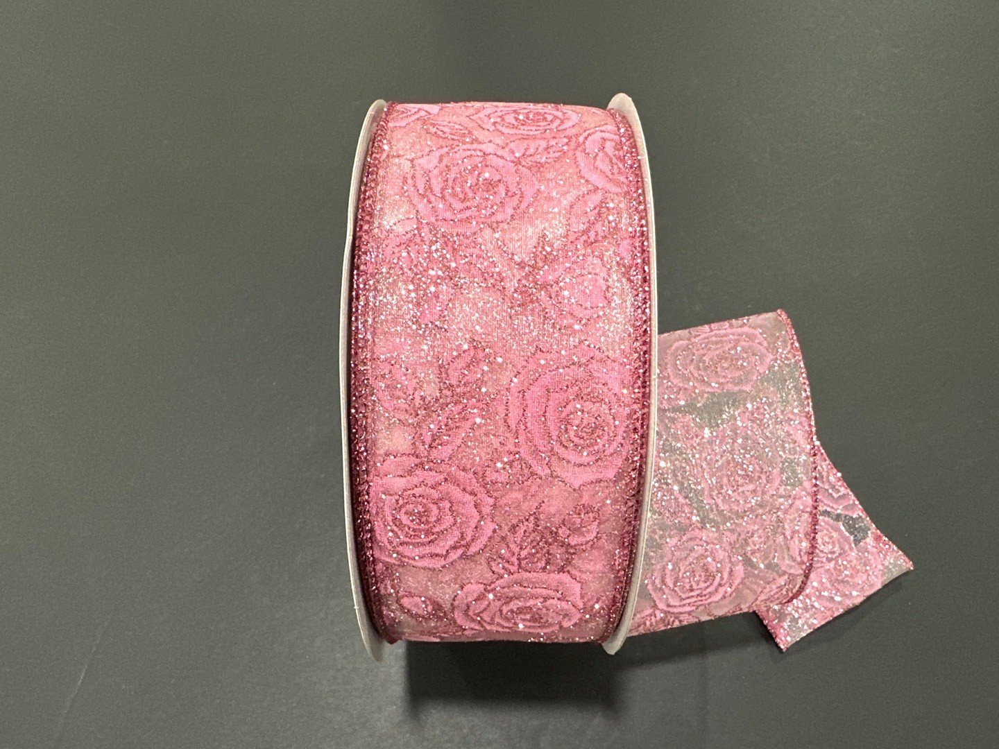 Pink Glitter Roses Sheer Ribbon 2.5" Wired Edge 10 Yards-Valentine or Wedding