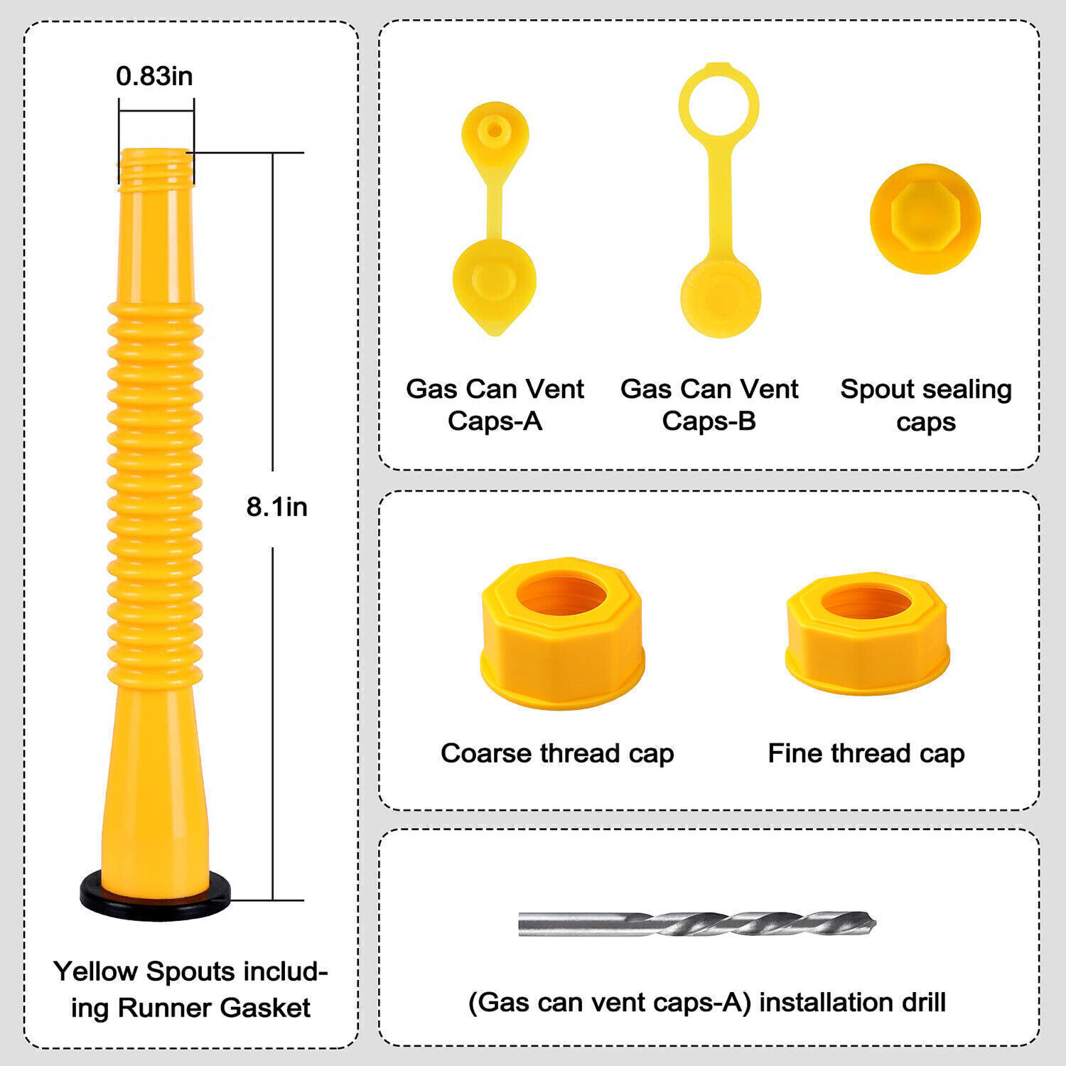 Old Style Gas Can Spout Replacement w/Tough Nozzles Screw Collar Vent Caps 6 Kit
