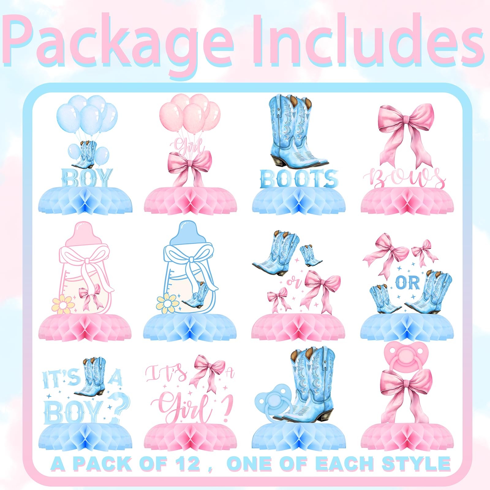 Bows or Boots Gender Reveal Table Centerpieces – 12PCS Pink and Blue Baby...