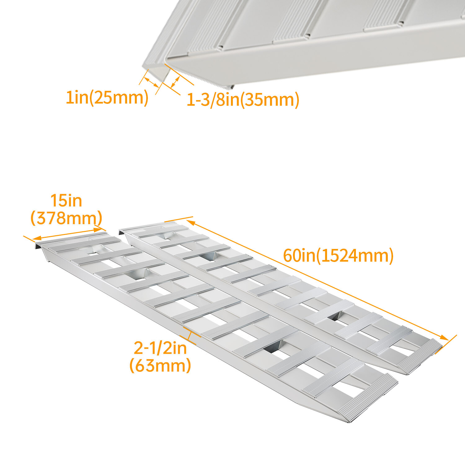 Pair For 60''X15" Aluminum Ramps 6800 LBS Truck Car Auto Trailer Ramps Hook End