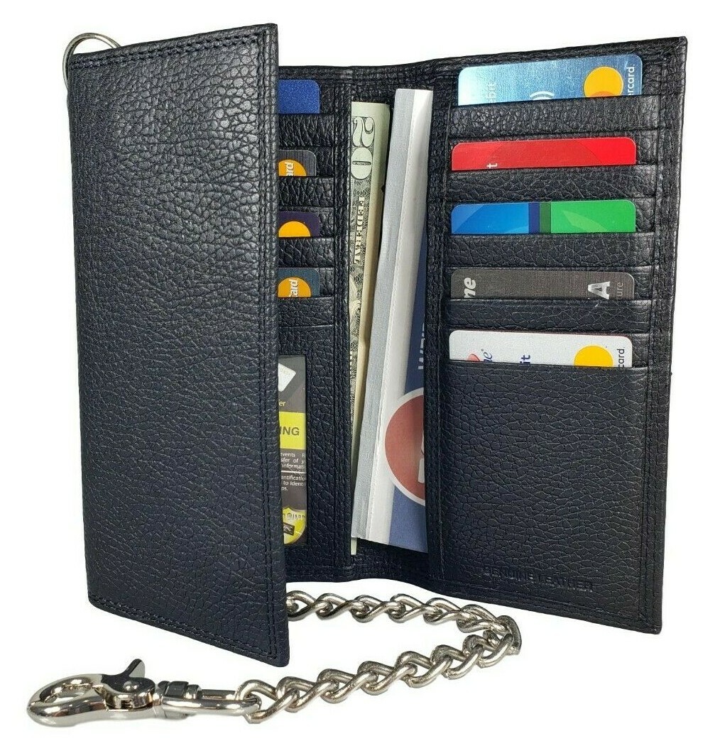 Black Leather Trifold Chain Motorcycle Biker Trucker Long Wallet With Belt Hook