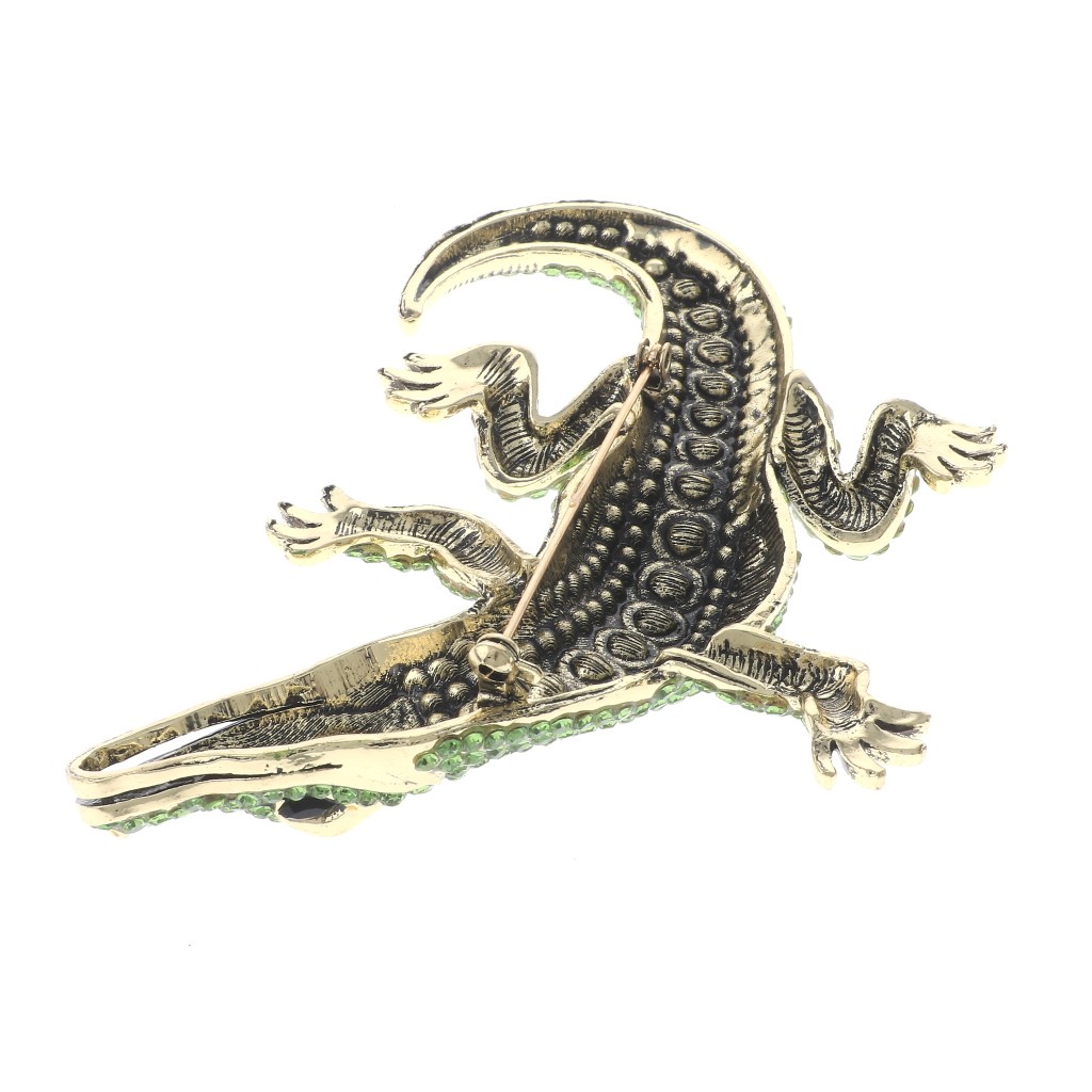 Antique Gold Tone Alloy Metal Large Alligator Rhinestone Brooch P1626-GRN